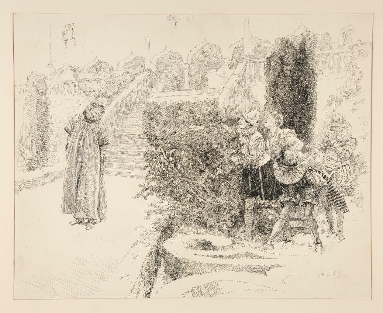 Malvolio encontra a carta, ilustração para o Acto II, Cena v, Décima Segunda Noite de Edwin Austin Abbey