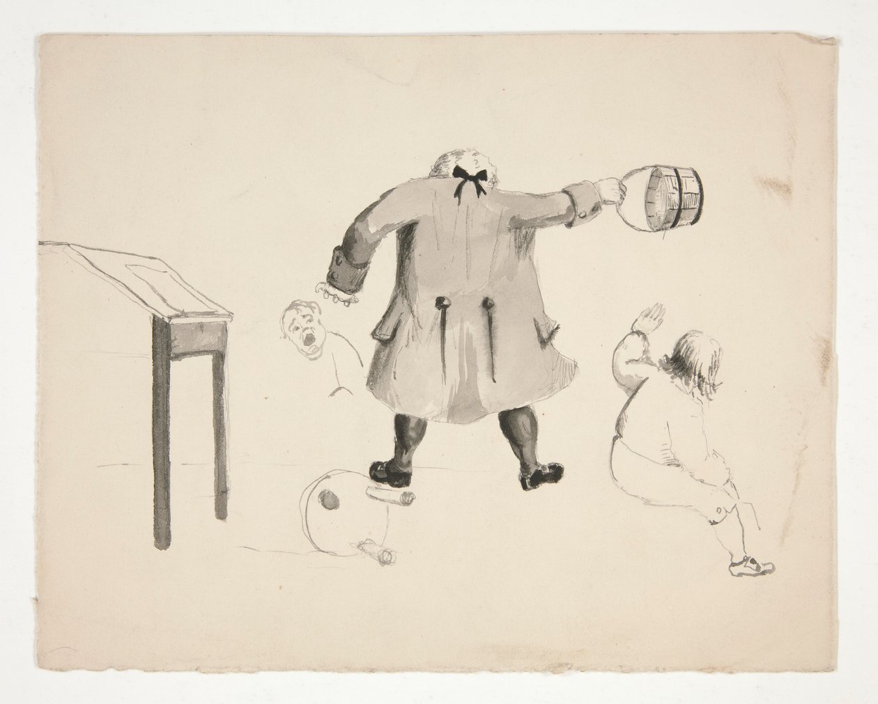 Homem Balançando Balde em Dois Garotos (reto); Dois Homens Atrás de um Muro (verso) de Edwin Austin Abbey
