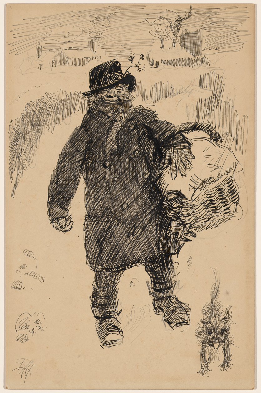 Homem a caminhar na neve, transportando um cesto coberto, acompanhado por um pequeno terrier de Edwin Austin Abbey
