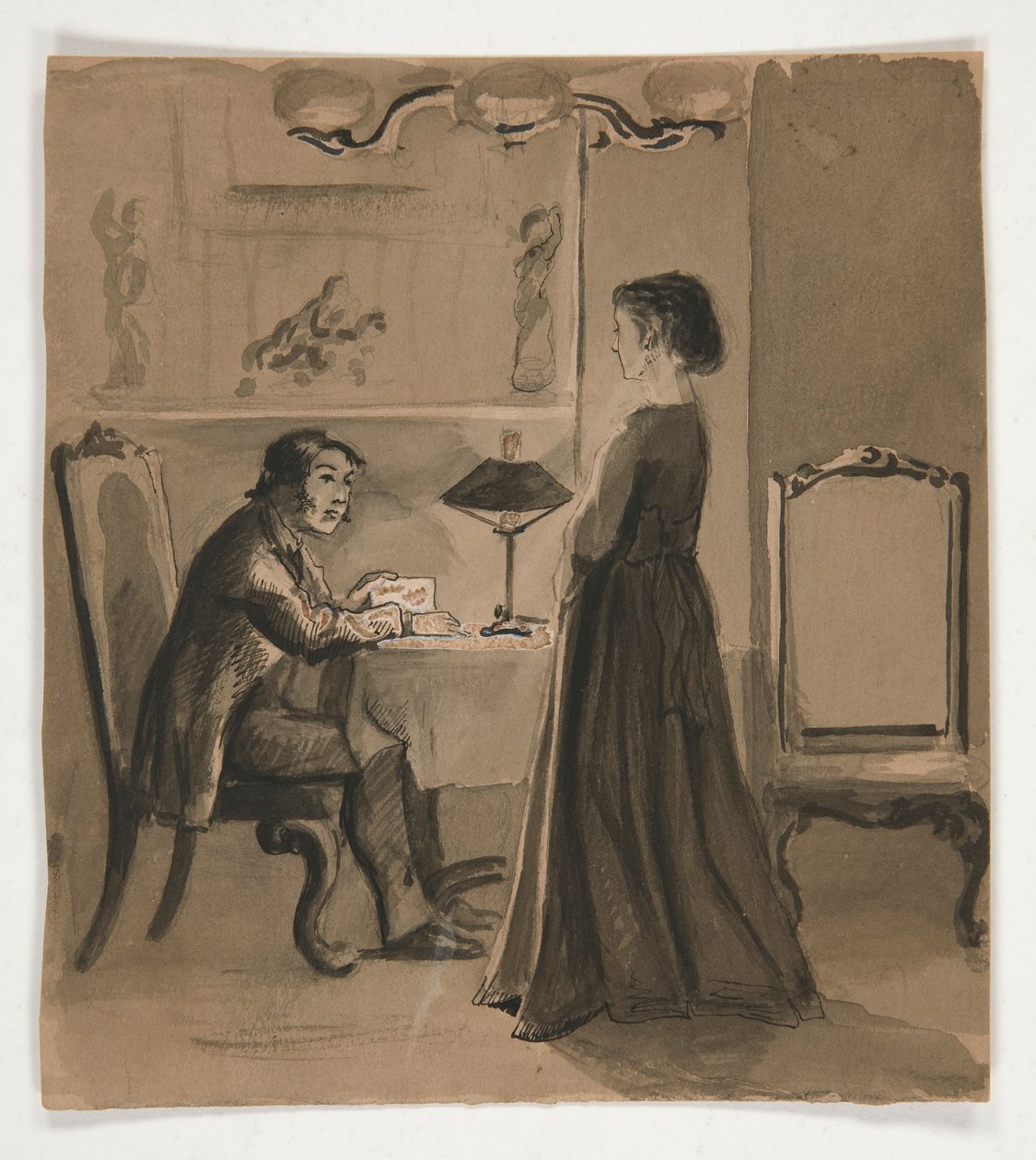 Homem e mulher em um interior - ilustração não identificada de Edwin Austin Abbey