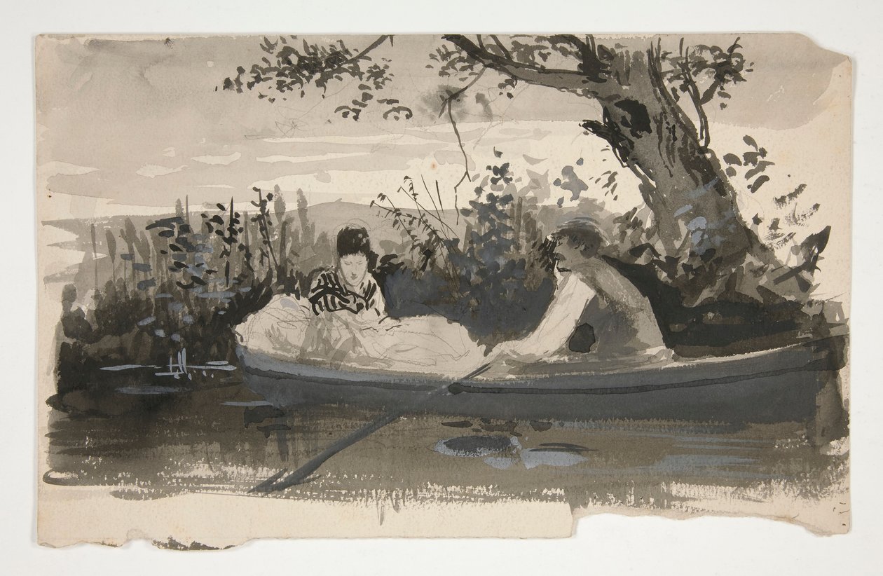 Homem e mulher em barco a remo, perto da margem do rio - ilustração não identificada de Edwin Austin Abbey