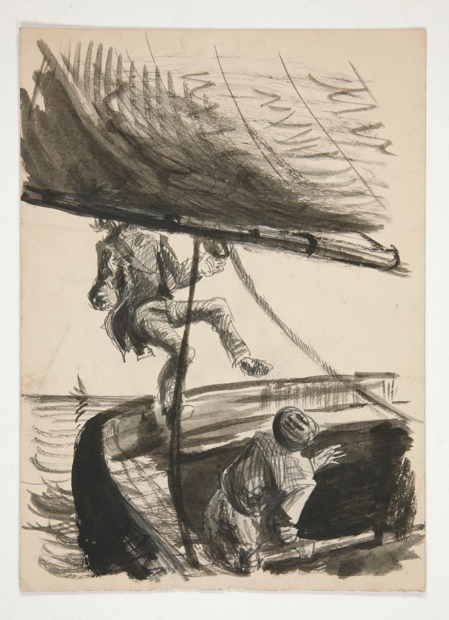 Homem a ser derrubado borda fora por lança de veleiro (recto); Ilustração não identificada de rapaz a brilhar homem de Edwin Austin Abbey