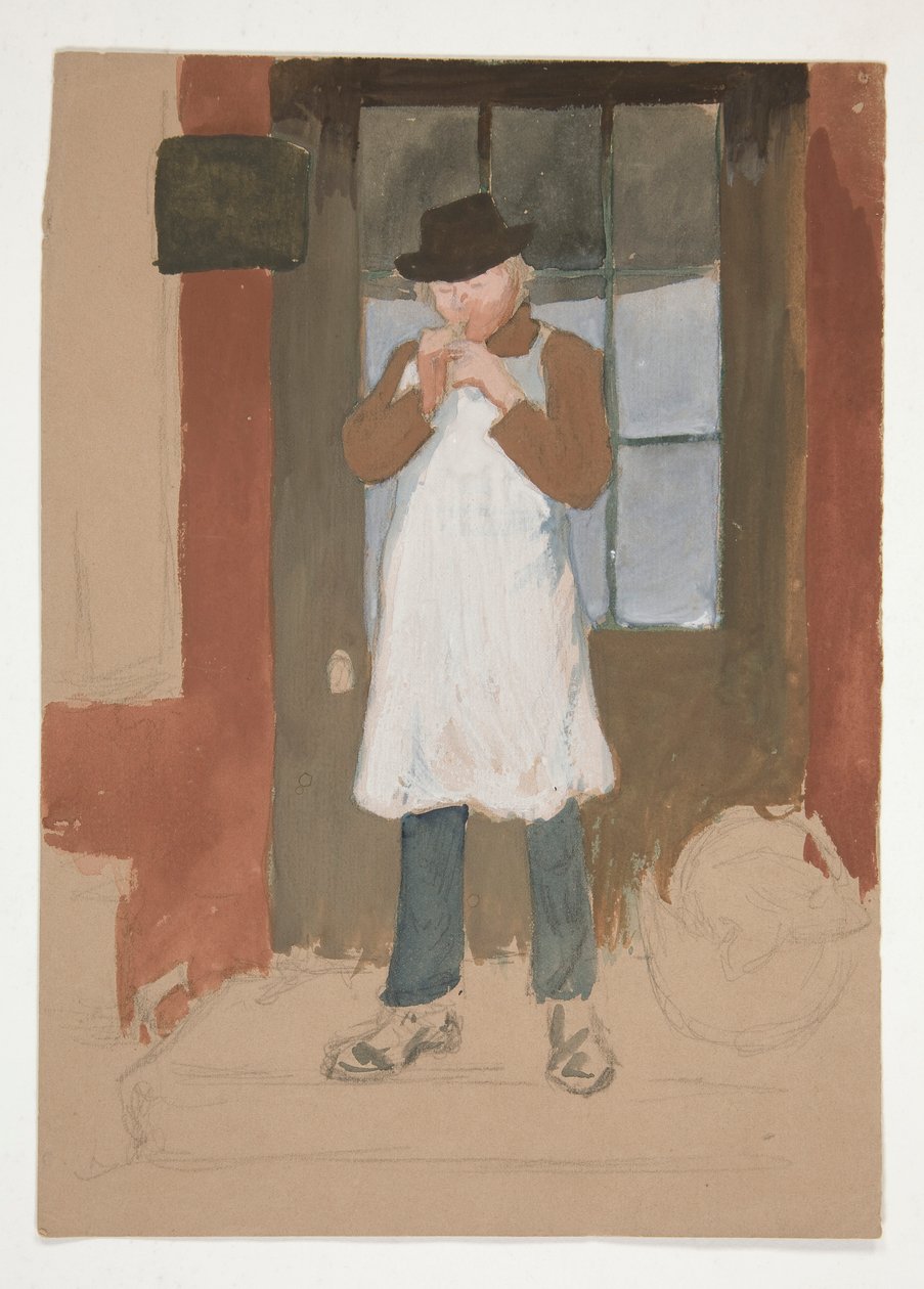 Homem a acender um cano na entrada da porta - ilustração não identificada de Edwin Austin Abbey