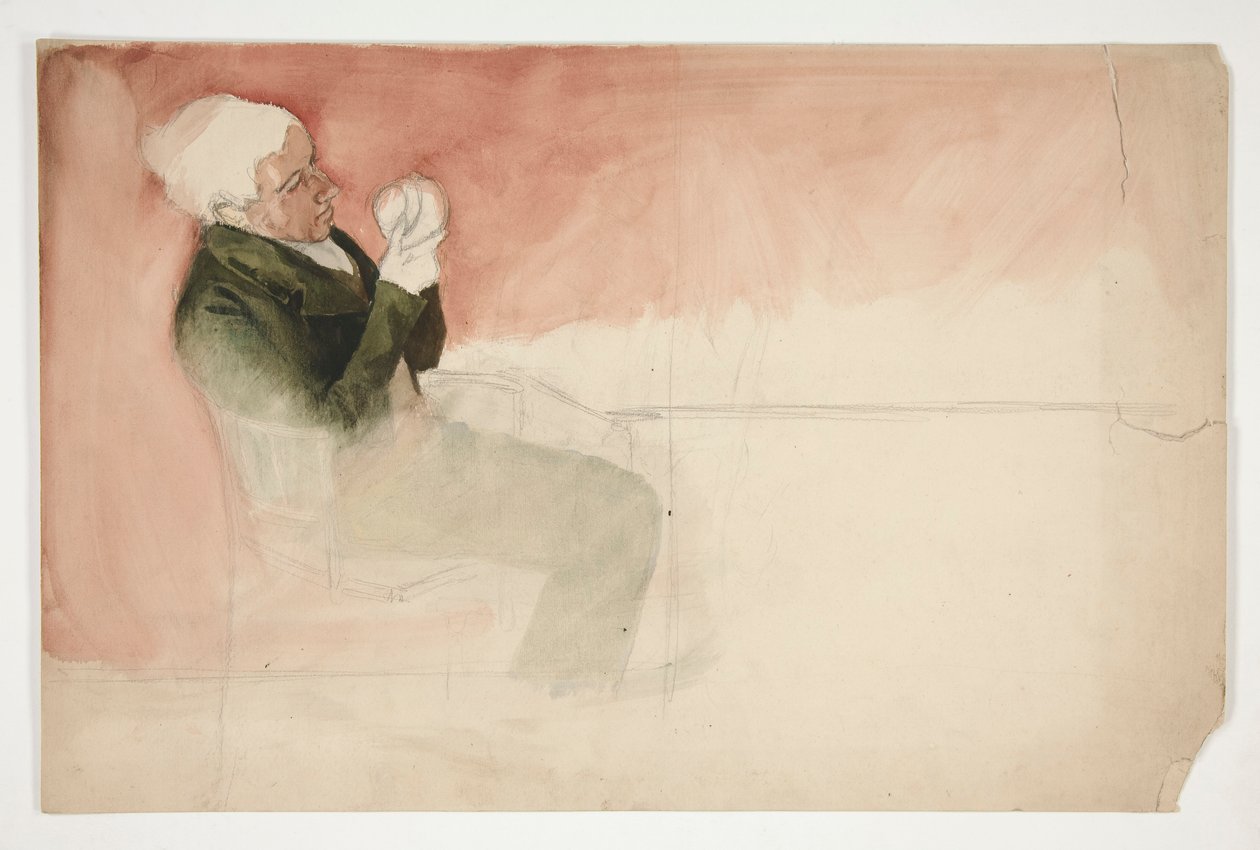 Homem sentado, examinando o interior de uma tigela - (ilustração não identificada) de Edwin Austin Abbey