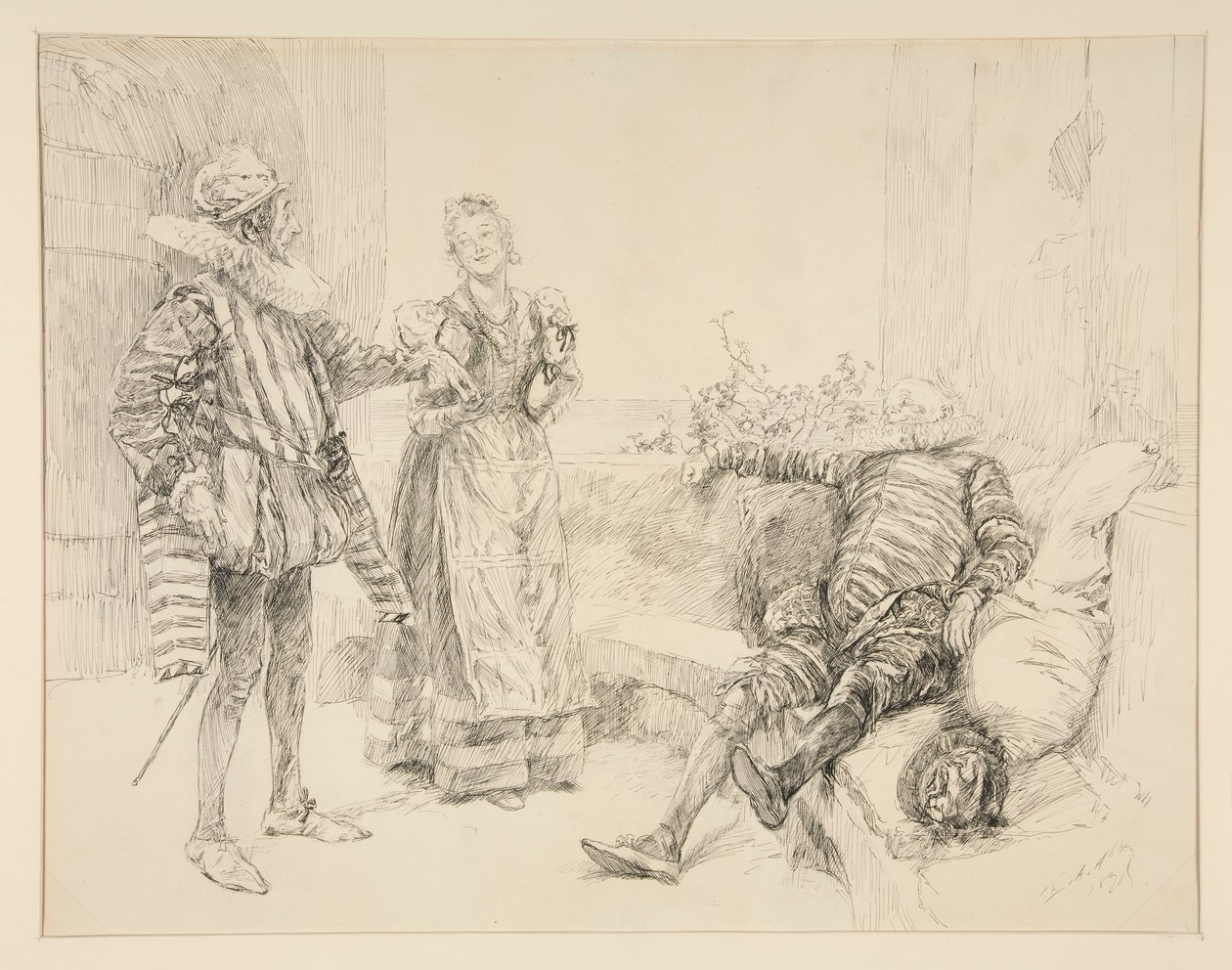 Maria, Sir Andrew e Toby, ilustração para Ato I, Cena iii, Noite de Reis de Edwin Austin Abbey