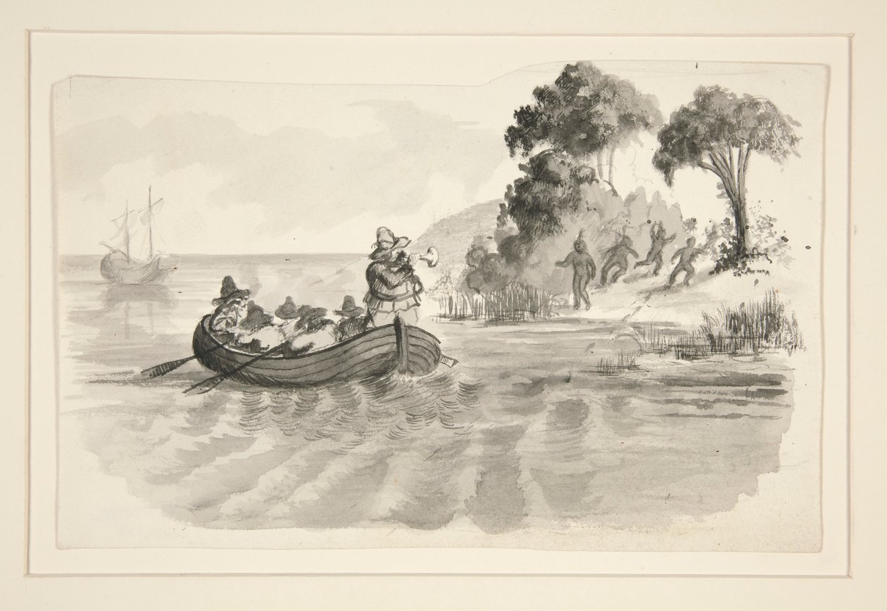Homens em barcos a remos em fuga dos índios em terra - ilustração não identificada (Colombo descobrindo o Novo Mundo?) - exploradores a desembarcar no Novo Mundo de Edwin Austin Abbey