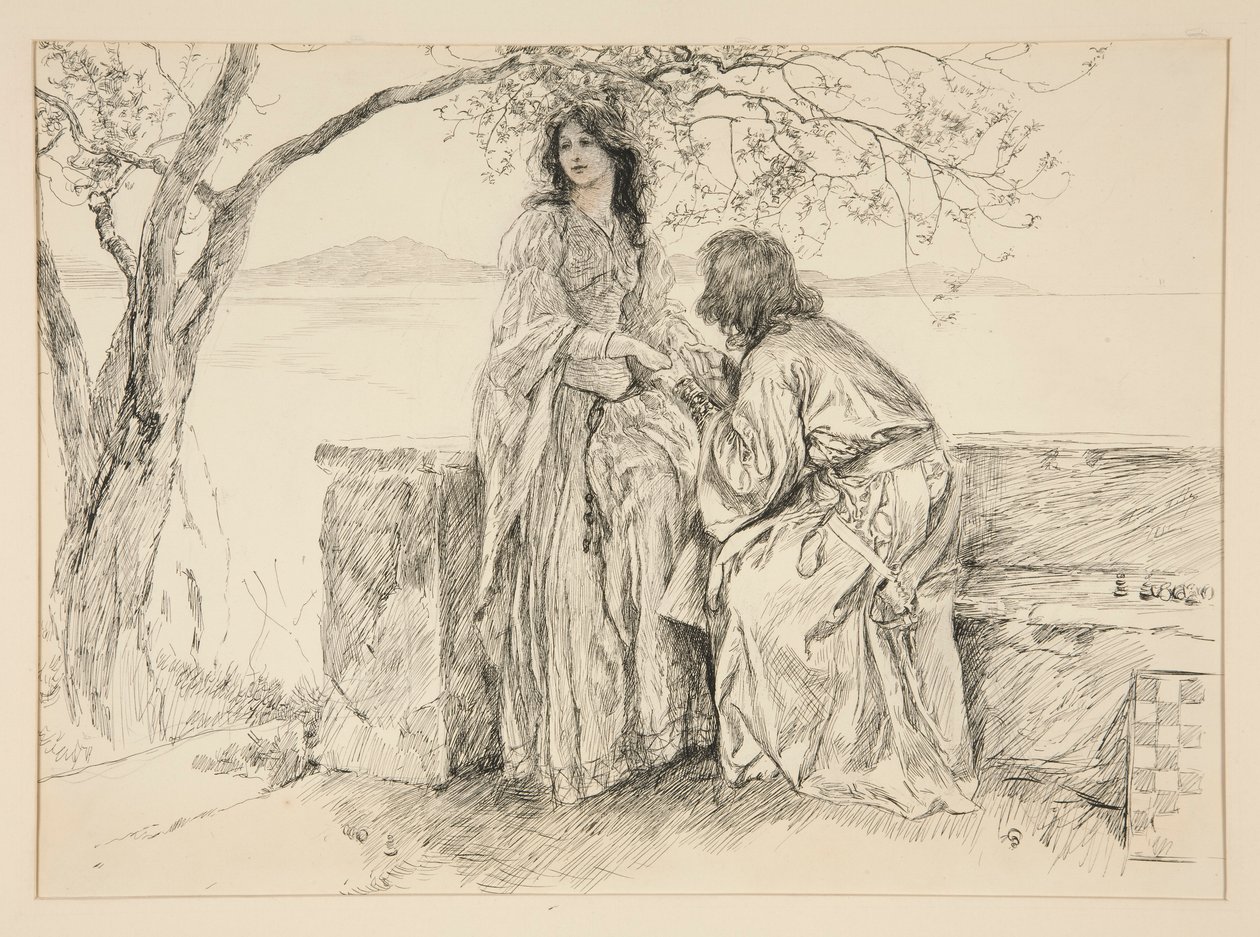 Miranda e Ferdinand, ilustração para o Acto V, Cena i, A Tempestade de Edwin Austin Abbey