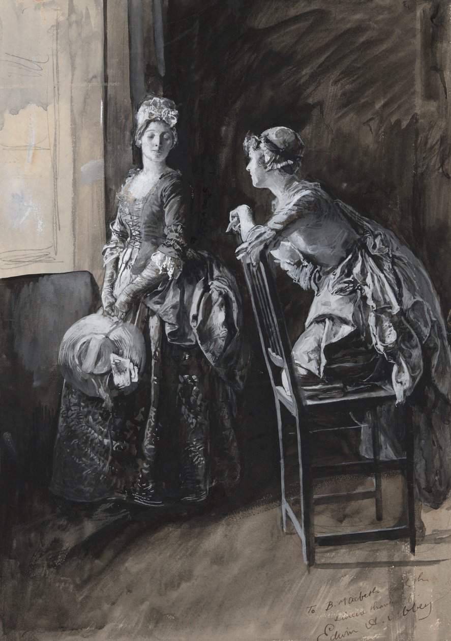 Miss Neville e Miss Hardcastle, ilustração para Oliver Goldsmith de Edwin Austin Abbey