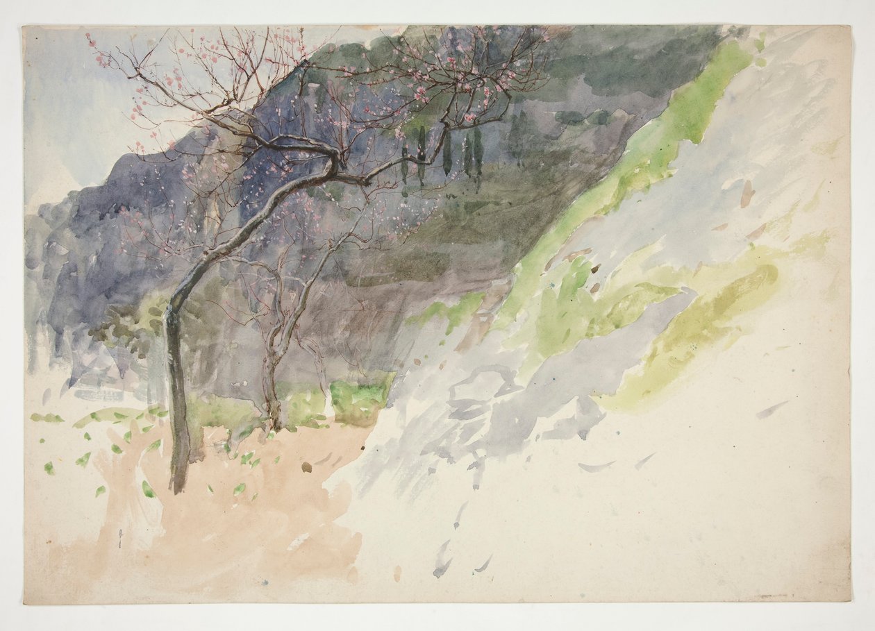 Paisagem montanhosa com árvores brotando de Edwin Austin Abbey