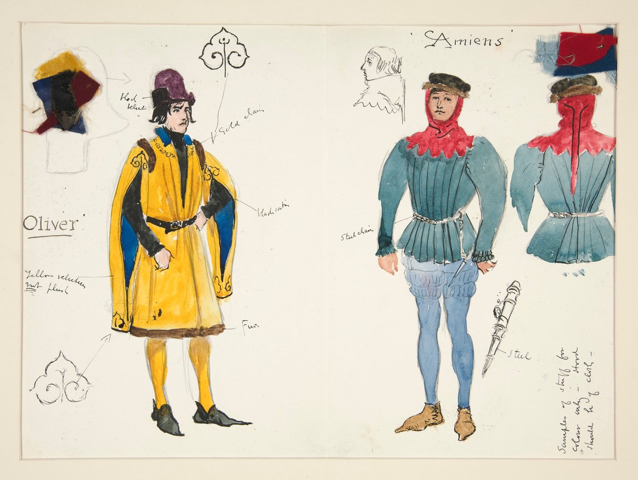 Olivier e Amiens, esboço de figurino para Henry Irving de Edwin Austin Abbey