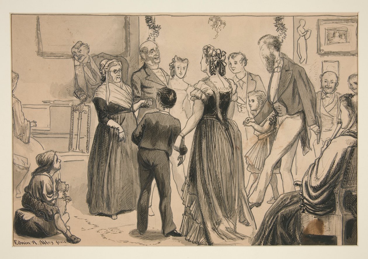 Festa em uma casa vitoriana - ilustração não identificada de Edwin Austin Abbey