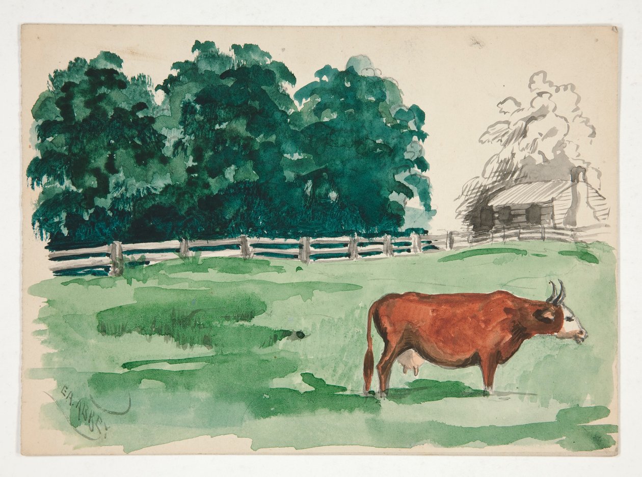 Cena de pasto com vaca em primeiro plano de Edwin Austin Abbey