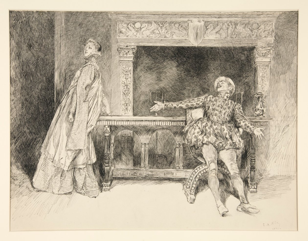 Petruchio Banters Katharina, do Acto II, Cena i, Domesticação da Musa de Edwin Austin Abbey