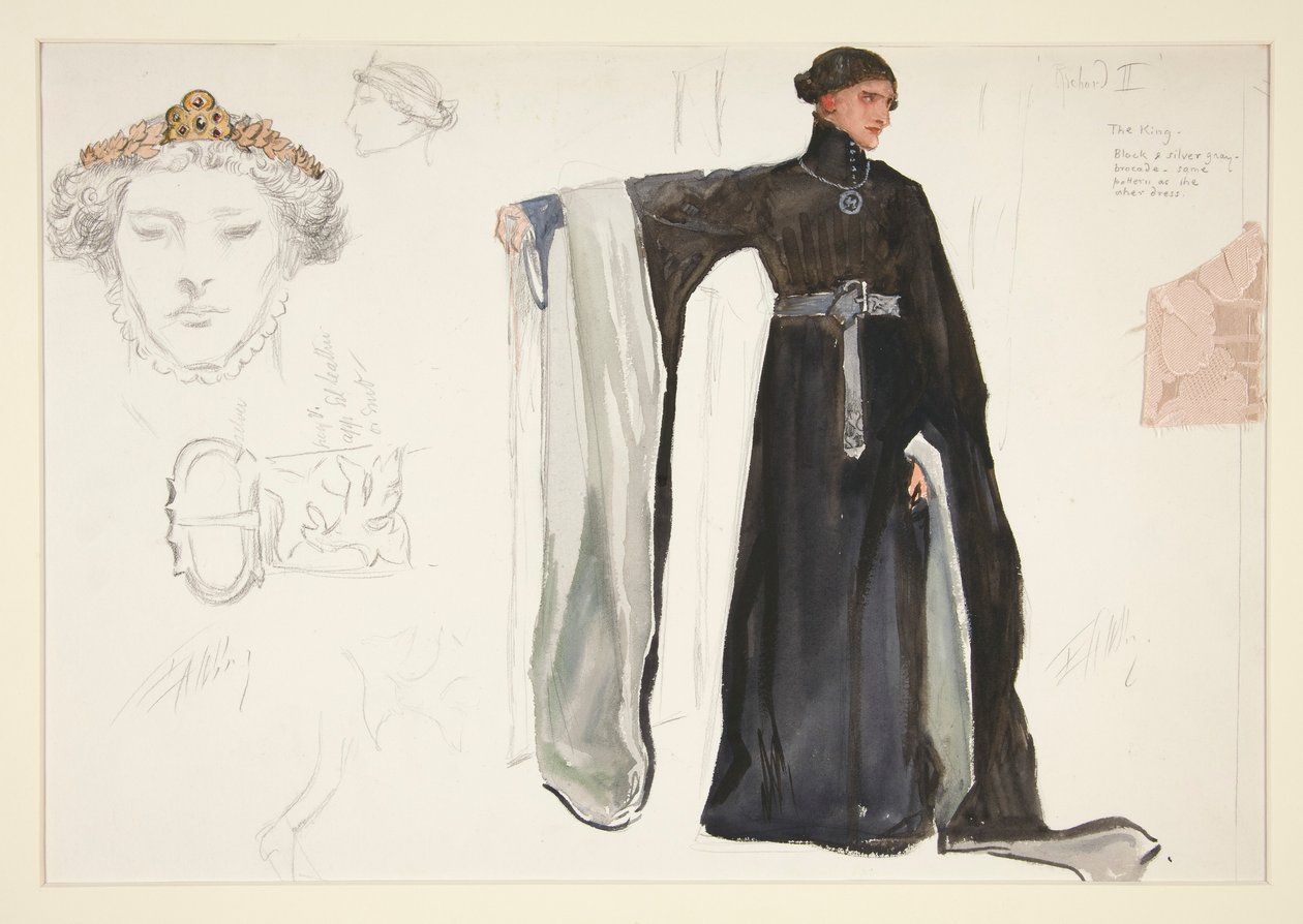 Richard II (de preto), esboço do figurino para Henry Irving de Edwin Austin Abbey
