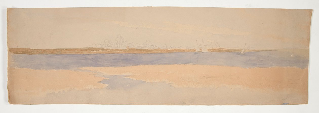 Paisagem fluvial com cidade na costa distante de Edwin Austin Abbey