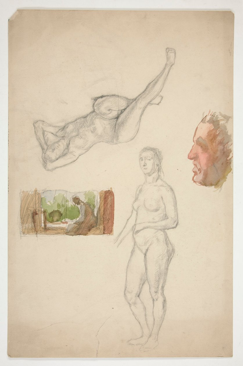 Folha de esboços: duas mulheres nuas, perfil de um homem, figura sentada em um interior de Edwin Austin Abbey