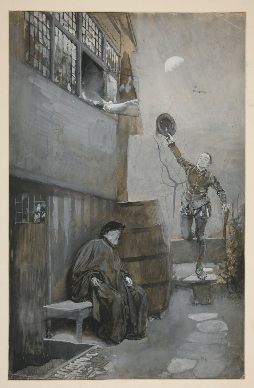 Esboço para o Rendezvous Nighttime - 3 figuras: dois homens, uma mulher de Edwin Austin Abbey