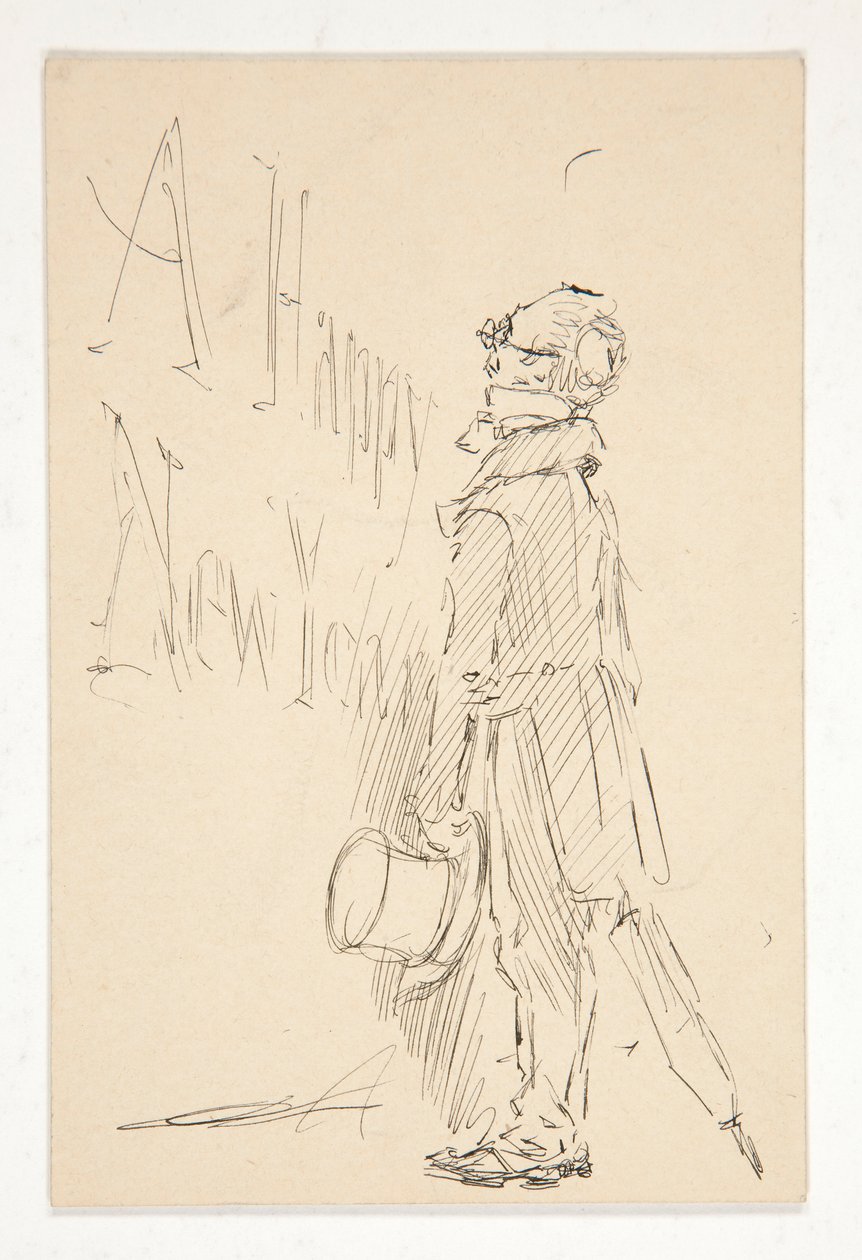 Esboço para um cartão de felicitações: Um Feliz Ano Novo; estudo de um homem lendo um sinal de Edwin Austin Abbey