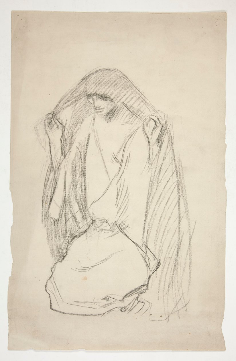 Esboço de uma figura feminina camuflada em oração por Três Marias na Cruz de Edwin Austin Abbey