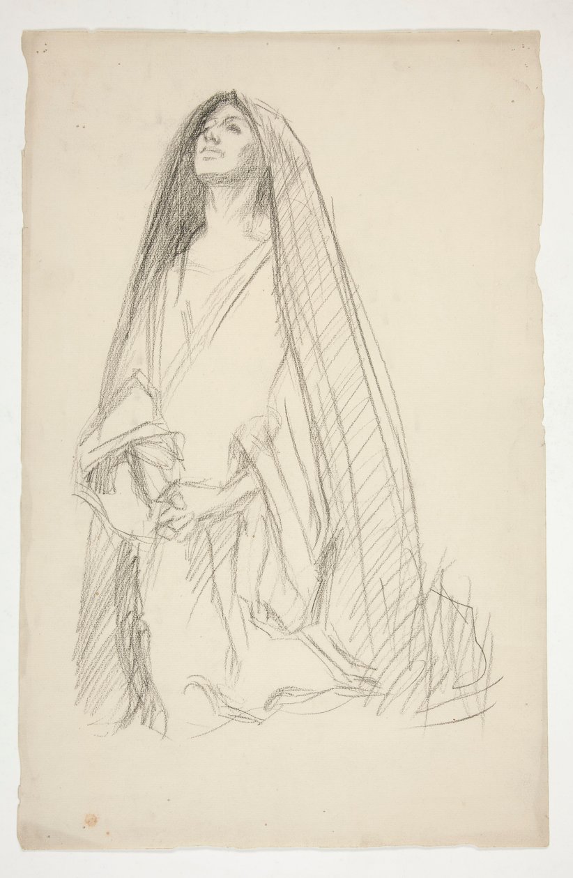 Esboço de uma figura feminina encapuzada em oração por Três Marias na Cruz de Edwin Austin Abbey
