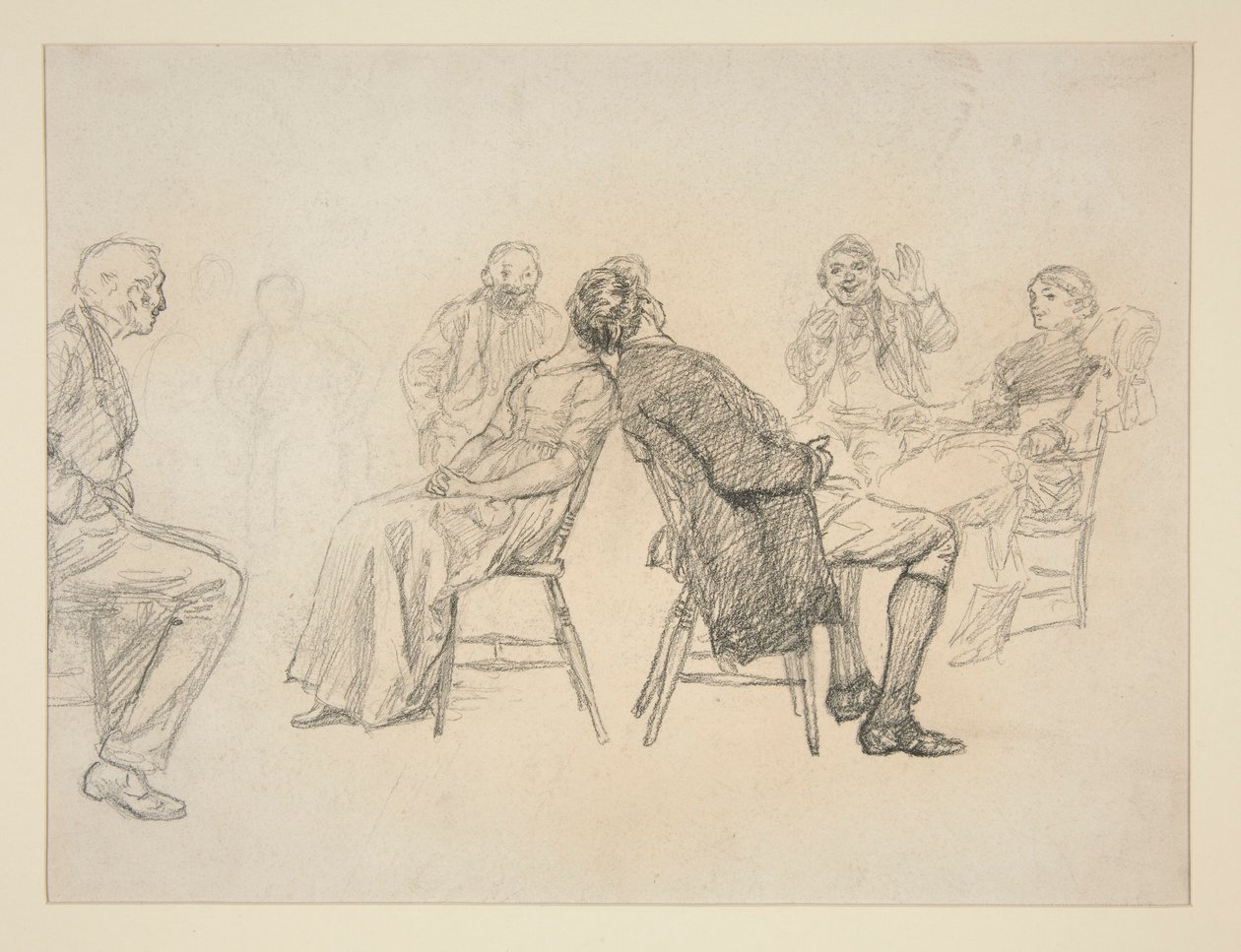 Esboço de um casal a jogar um jogo, rodeado de espectadores, num interior (?) - ilustração não identificada de Edwin Austin Abbey