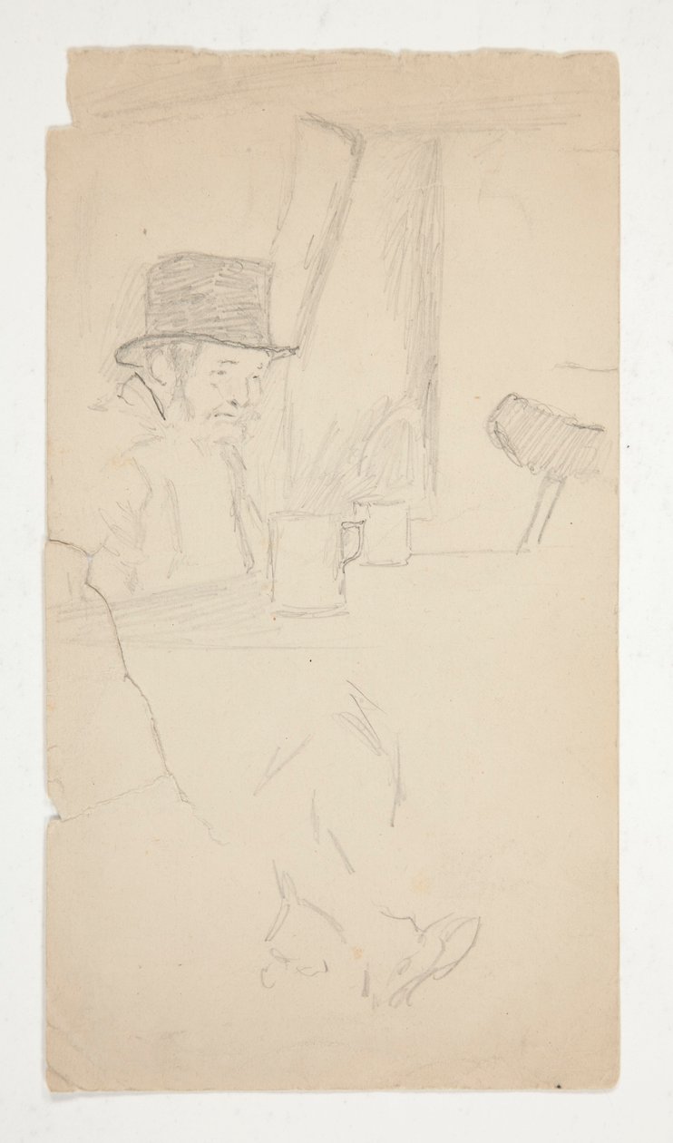 Esboço de um homem aleijado sentado à mesa em bar de Edwin Austin Abbey