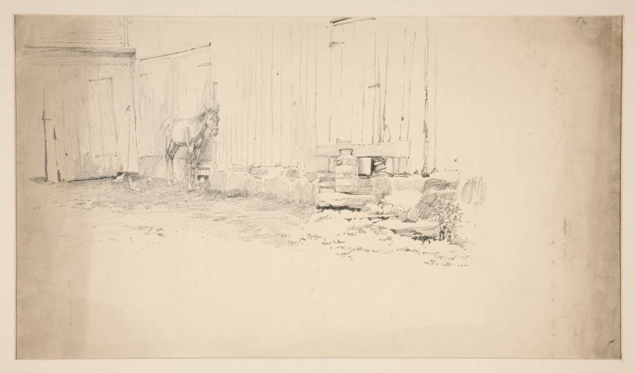Esboço de um pátio agrícola, com um cavalo de Edwin Austin Abbey
