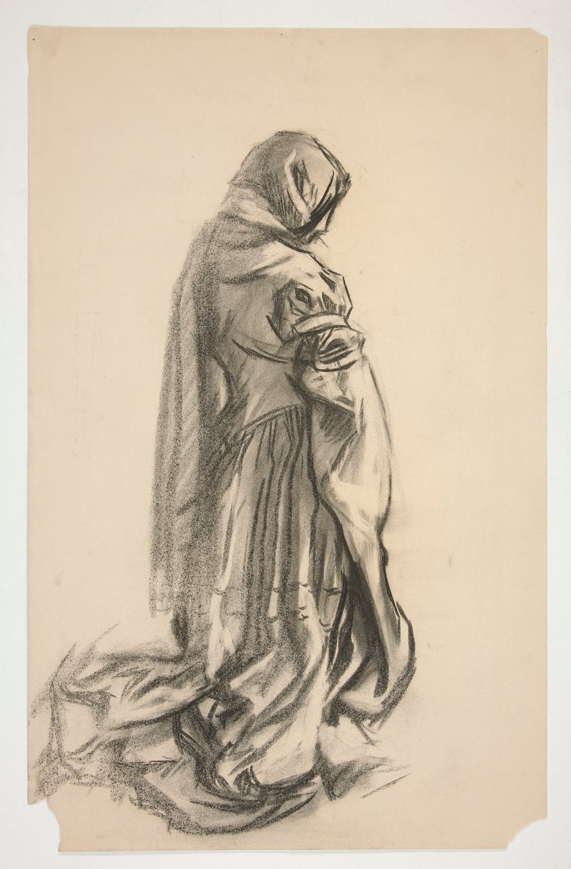 Esboço de uma figura feminina ajoelhada em vestido rosa para Galahad the Deliverer, um dos murais do Santo Graal na Biblioteca Pública de Boston de Edwin Austin Abbey