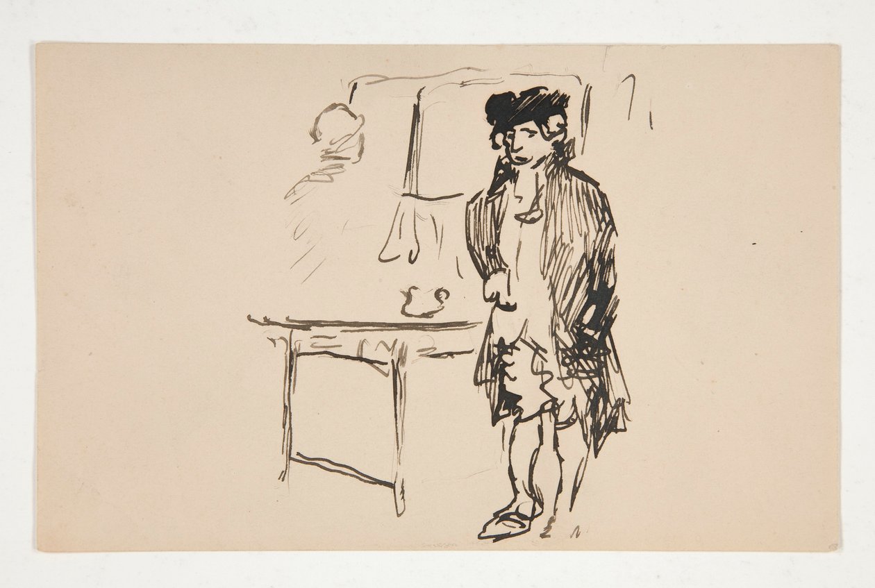Esboço de um homem em vestido revolucionário ao lado de uma mesa de Edwin Austin Abbey