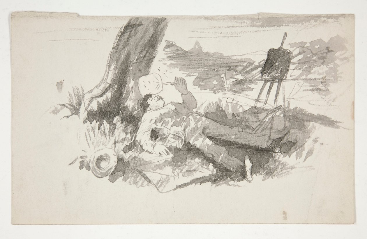 Esboço de um pintor pleino-ar que faz uma sesta debaixo de uma árvore - ilustração não identificada de Edwin Austin Abbey