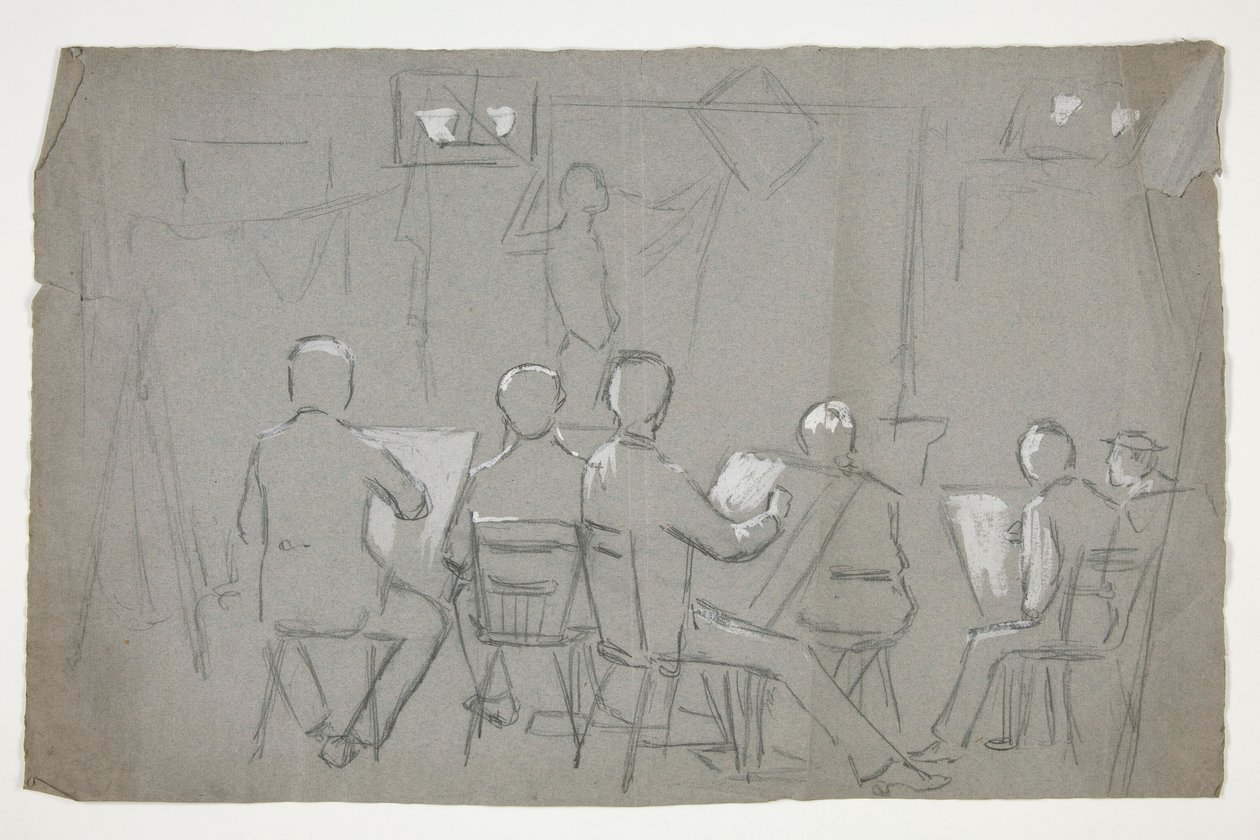Esboço de uma sala de estudantes desenhando um modelo de Edwin Austin Abbey