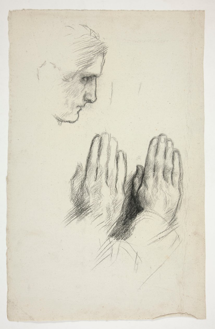 Esboço de um jovem de perfil; esboço de dois conjuntos de mãos em oração de Edwin Austin Abbey
