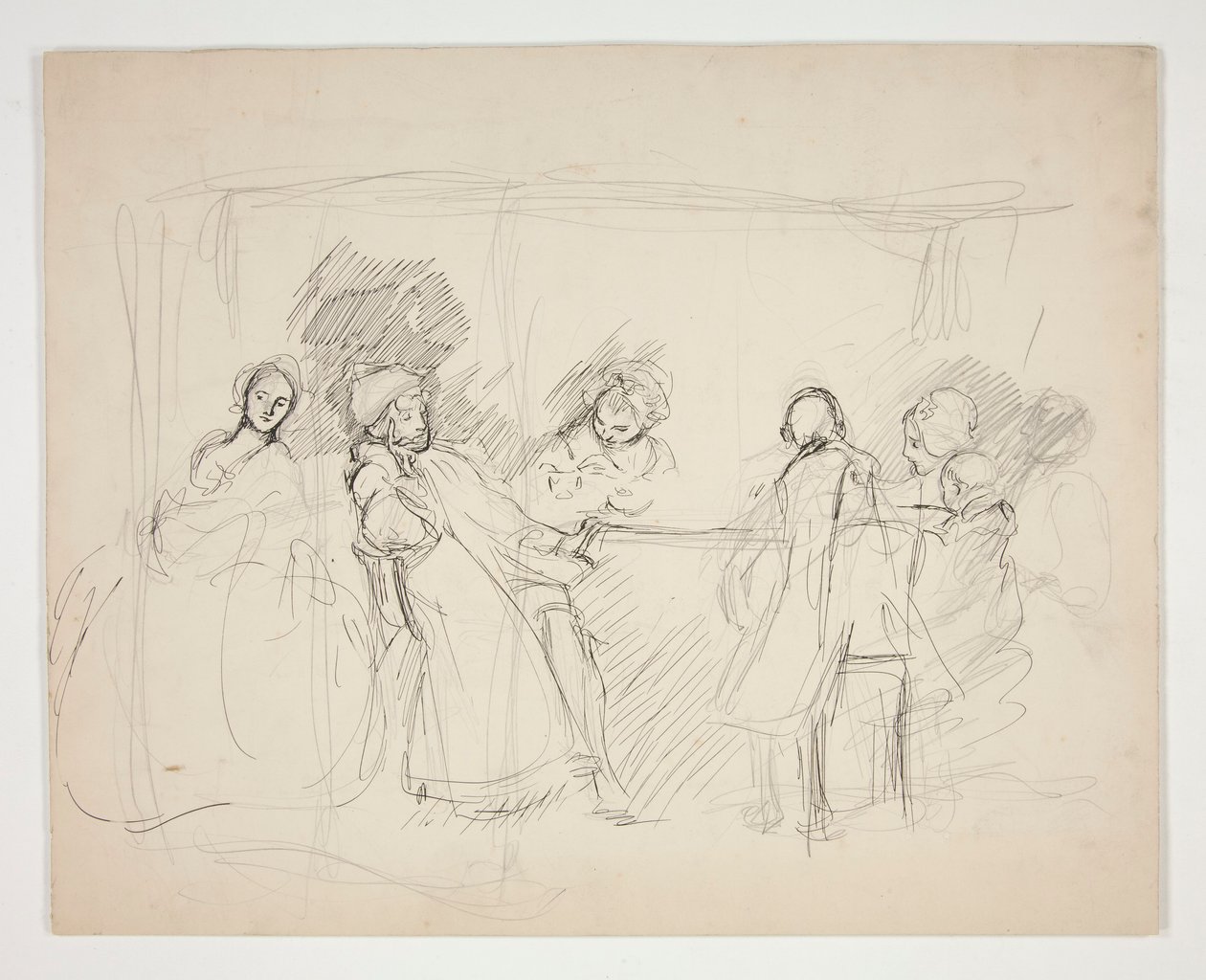 Esboço de figuras em torno de uma mesa - ilustração não identificada para uma peça de teatro (?) de Edwin Austin Abbey