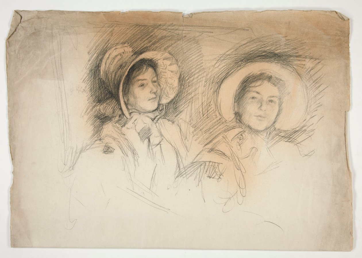 Esboço de duas jovens mulheres em capotas (sitters não identificadas) de Edwin Austin Abbey