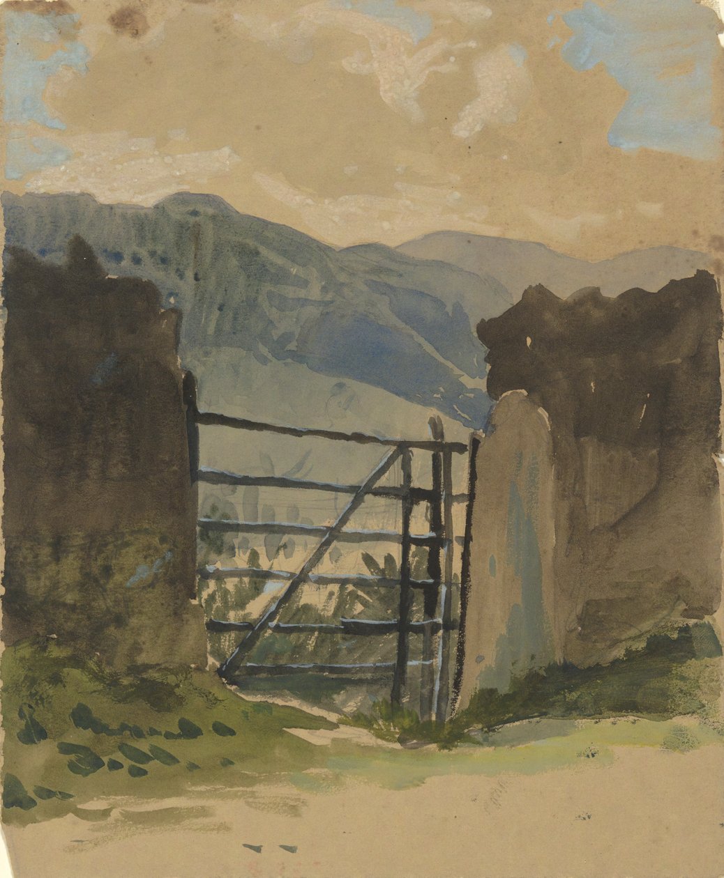 Parede de pedra e portão, esboço de Edwin Austin Abbey