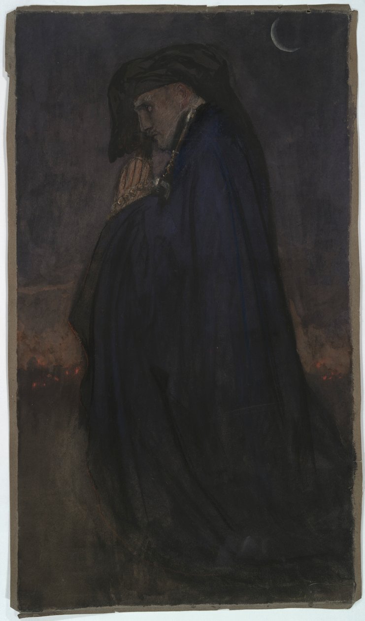 Estudar. Homem de capa azul, luz da lua de Edwin Austin Abbey