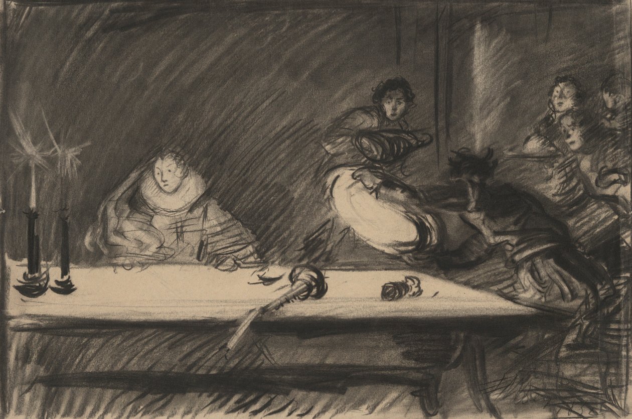 Estudo para Petruchio derruba o valetador - Ato IV, Cena I, A Megera Domada de Edwin Austin Abbey