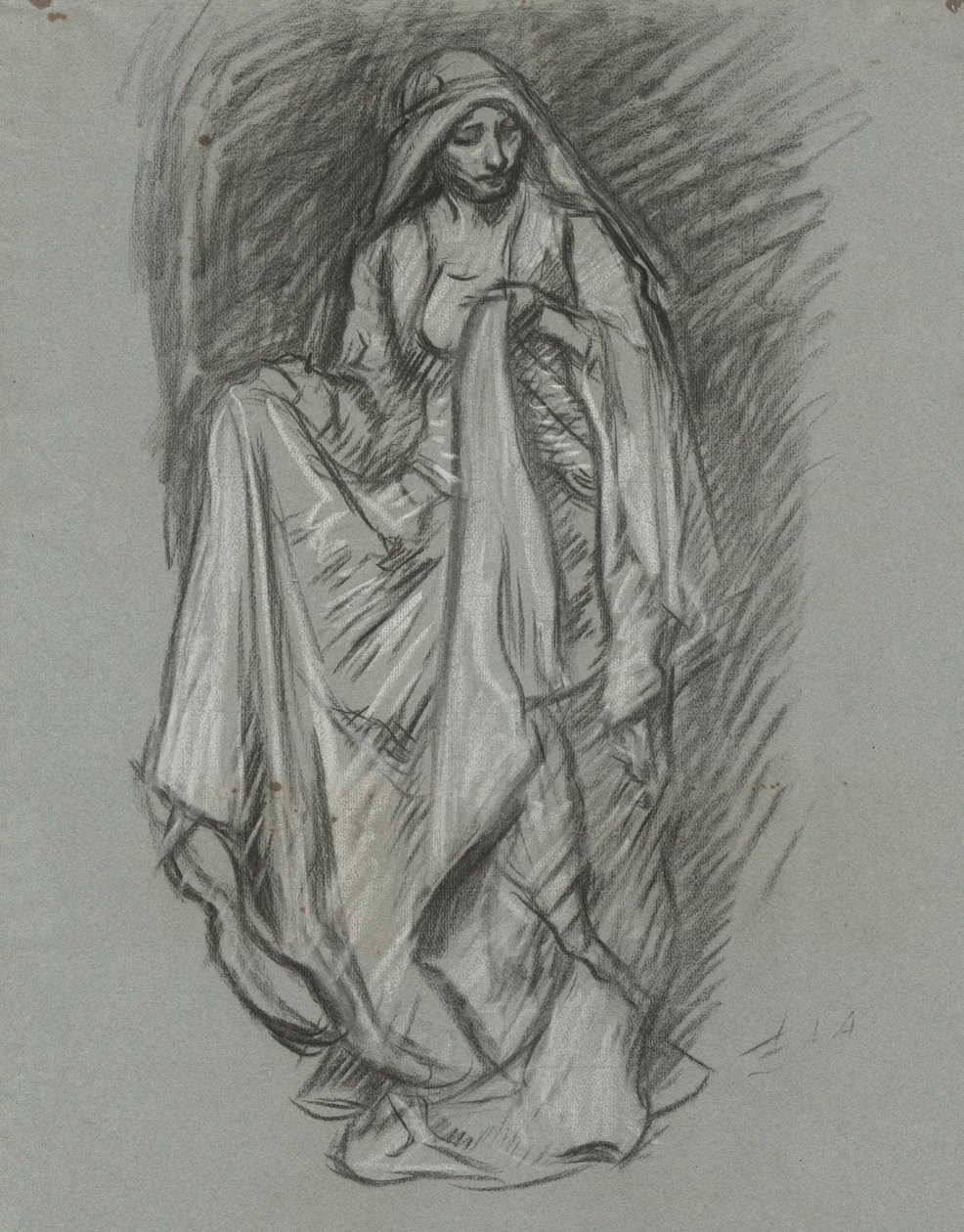Estudo para mulher drapeada, estudo de figura para The Quest of the Holy Grail (série de 15 quadros para a Biblioteca Pública de Boston, concluída em 1901) de Edwin Austin Abbey