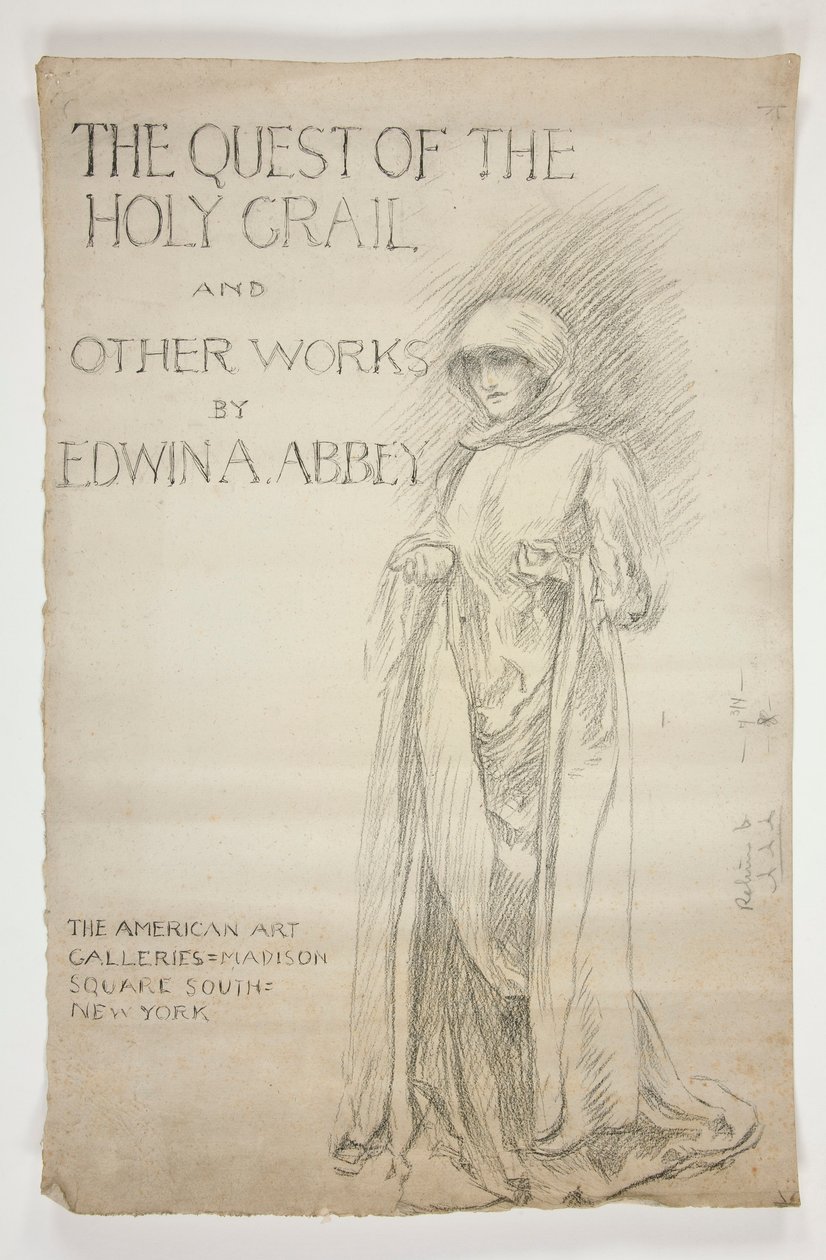 Estudo para o anúncio de abertura(?) das pinturas The Quest of the Holy Grail: The Quest of the Holy Grail e outras obras de Edwin A. Abbey. Desenho para a primeira capa do catálogo Abbey. de Edwin Austin Abbey
