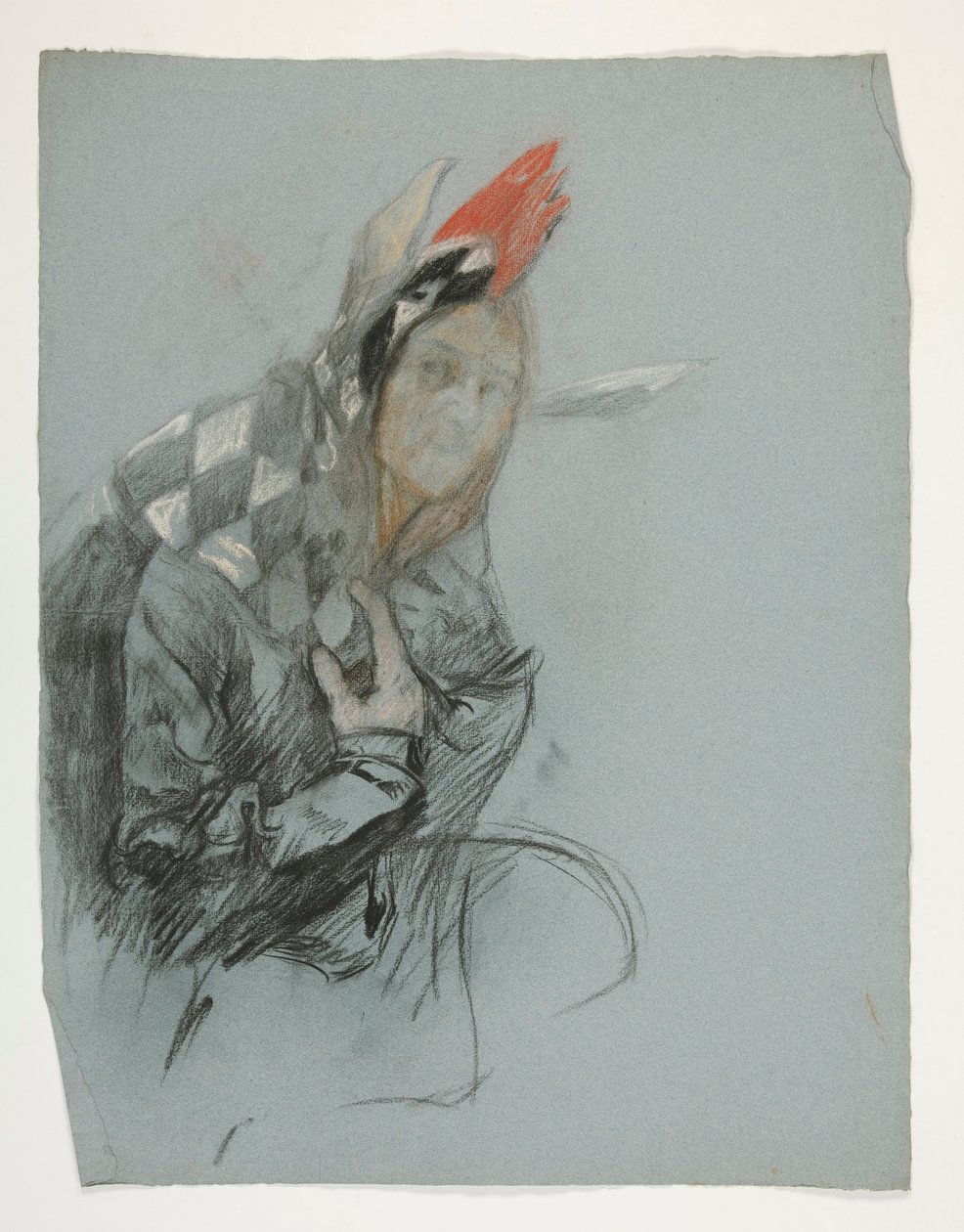 Estudo de Jester (não utilizado), para a busca do Santo Graal (uma série de quinze pinturas para a Biblioteca Pública de Boston, concluída em 1901) de Edwin Austin Abbey