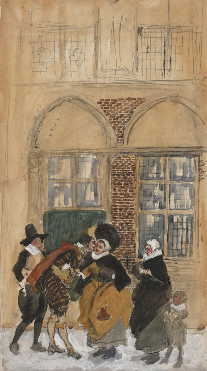Estudo da cena da figura em traje holandês do século XVII, possivelmente New Amsterdam de Edwin Austin Abbey