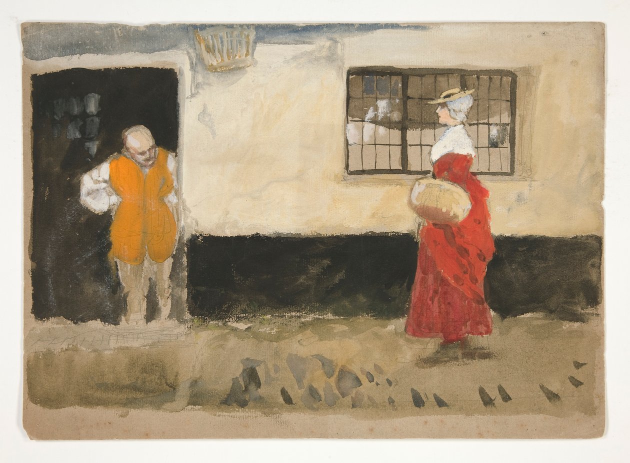 Estudo da cena da rua, homem à porta, mulher de vestido vermelho. de Edwin Austin Abbey