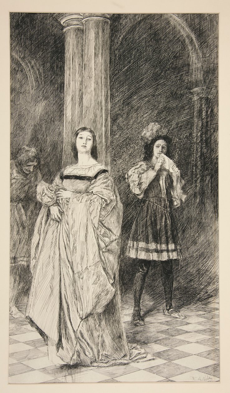 Sylvia e Valentine, do Ato II, Cena I, Dois Cavalheiros de Verona de Edwin Austin Abbey
