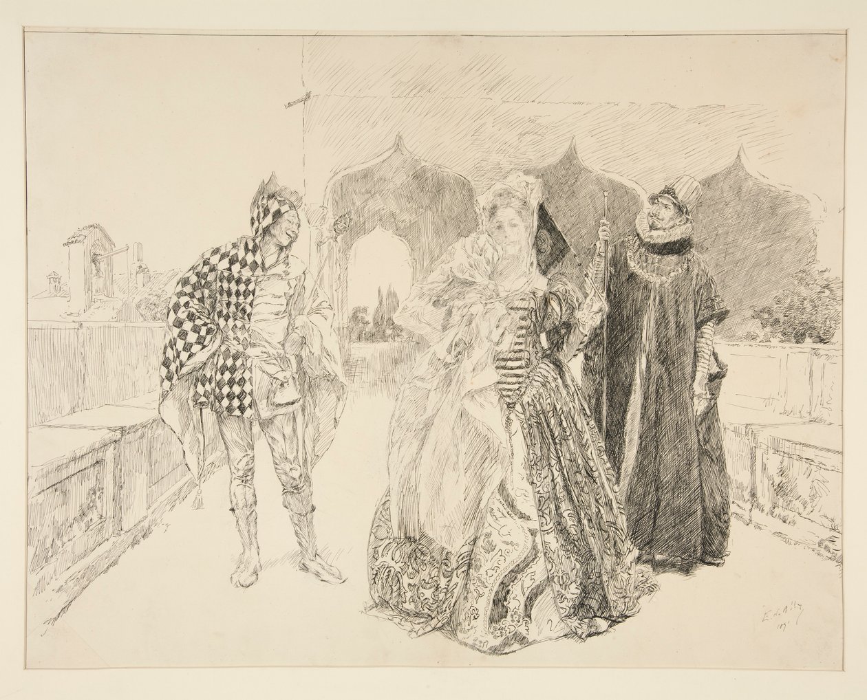O Palhaço e Malvolio, ilustração para o Acto I, Cena v, Décima Segunda Noite de Edwin Austin Abbey