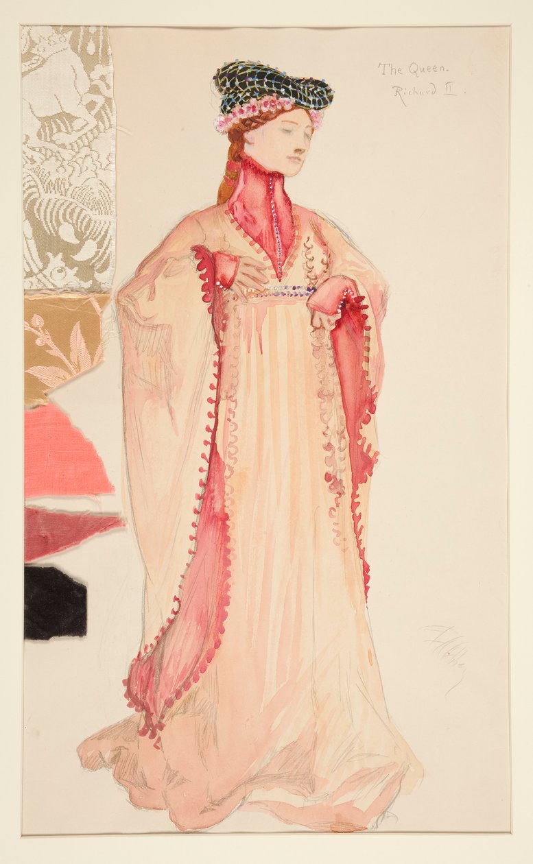 A Rainha (em cor-de-rosa), esboço de fantasia para Henry Irving de Edwin Austin Abbey