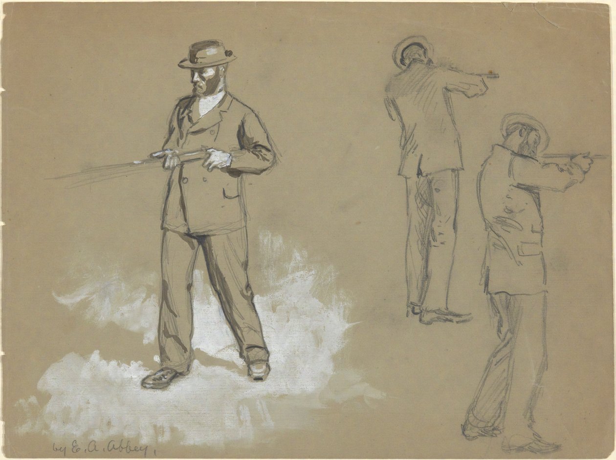 Três esboços de um homem com uma arma (reto); Estudos da Figura e Retrato de A. S. Wina (?) (verso) de Edwin Austin Abbey