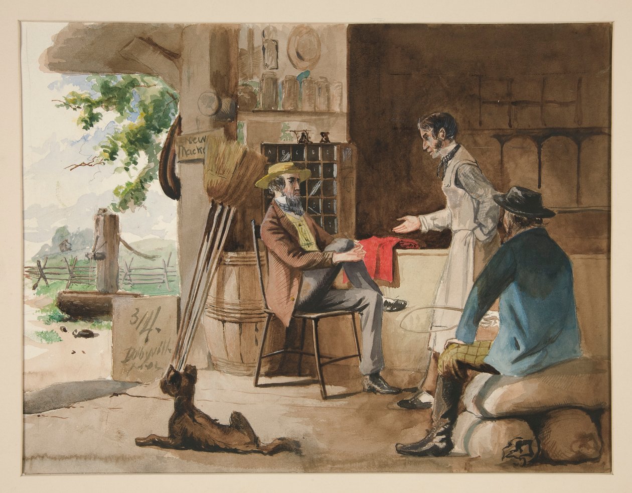 Três homens em uma loja de produtos secos - loja de campo, Dolbyville de Edwin Austin Abbey