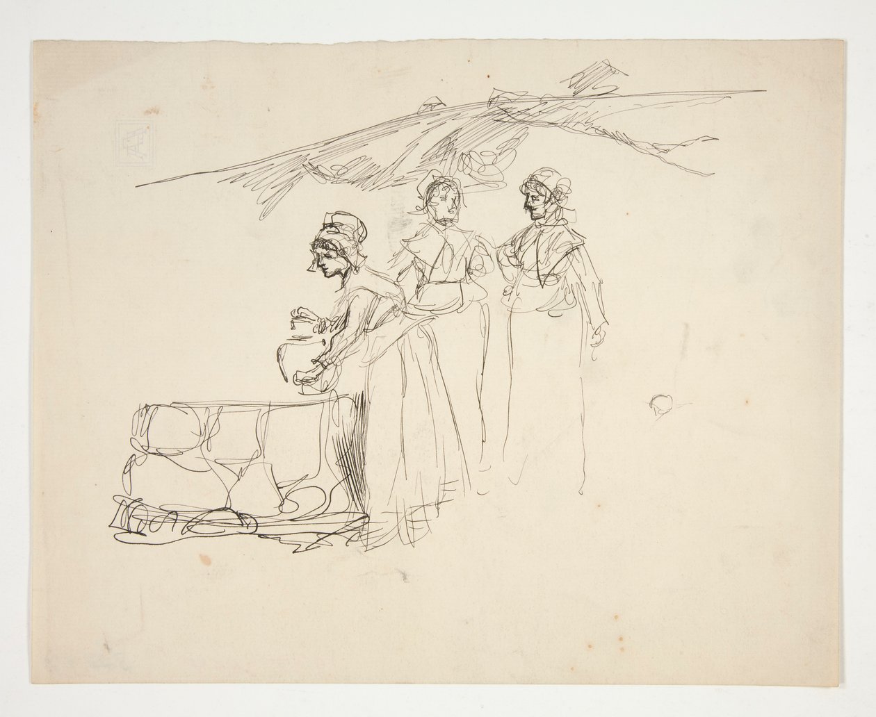 Três mulheres em uma ilustração não identificada de Edwin Austin Abbey