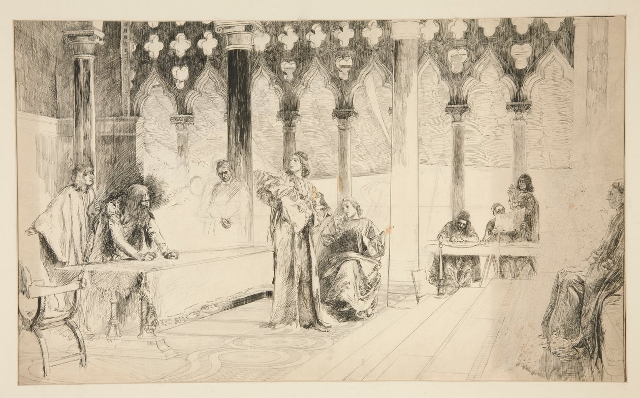 Cena de Julgamento, do Comerciante de Veneza de Edwin Austin Abbey