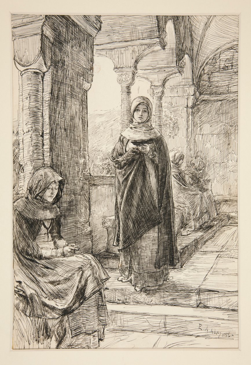 Duas figuras femininas no claustro, do The Cloister de Edwin Austin Abbey